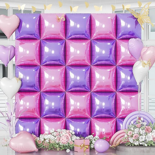 Pink and Purple Square Foil Balloons Wall, 25PCS Double Sided Pastel Pink Metallic Purple Balloons Backdrop Tunnel Flat Background Decorations for Girls Women Butterfly Theme Birthdays Baby Shower