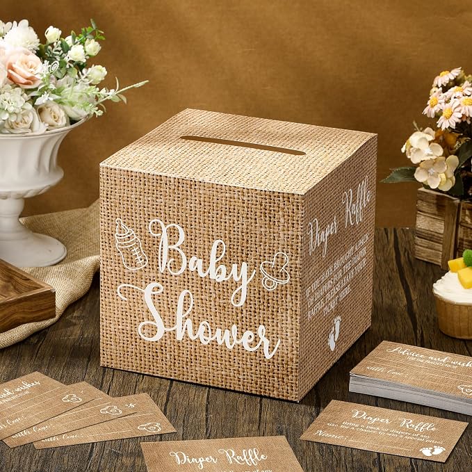 Teling 51 Pieces Diaper Raffle Tickets with Card Box Baby Shower Decorations Baby Shower Holder Box for Girl Boy Diaper Raffle Party(Burlap Grain Print)