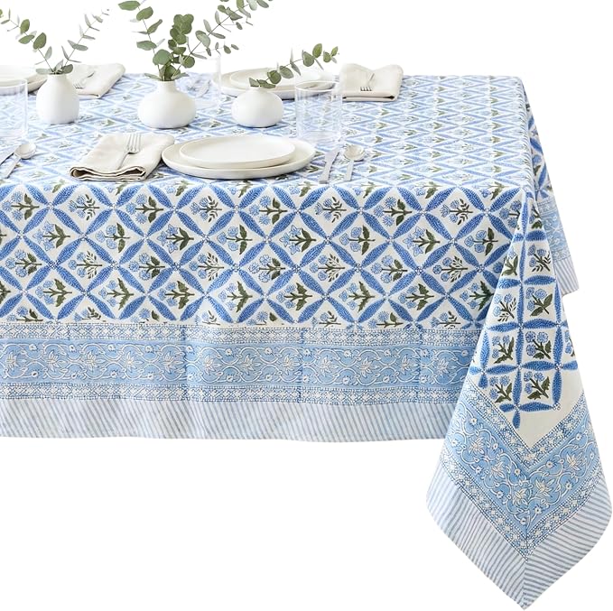 ATOSII Netta Blue 100% Cotton Rectangle Boho Fall Tablecloth, Handblock Floral Table Cloth Linen for Kitchen Dining I Parties Wedding Outdoors Farmhouse Grandmillennial I 72 X 108 Inches I 8 Seater