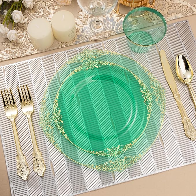 Bestluck 350PCS Clear Green Plastic Plates for 50 Guests, Disposable Plates with Gold Trim include 100 Dinner Plates, 150 Gold Silverware, 50 Cups, 50 Napkins for Party, Wedding and Graduation