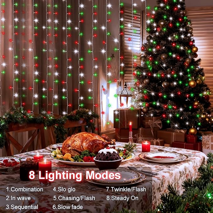 echosari Red White and Green Christmas Curtain Lights Battery Operated, 300 LED Fairy Curtain Lights 9.8Ft x 9.8Ft Hanging Lights with Remote Timer for Party Holiday Garden Yard Decor