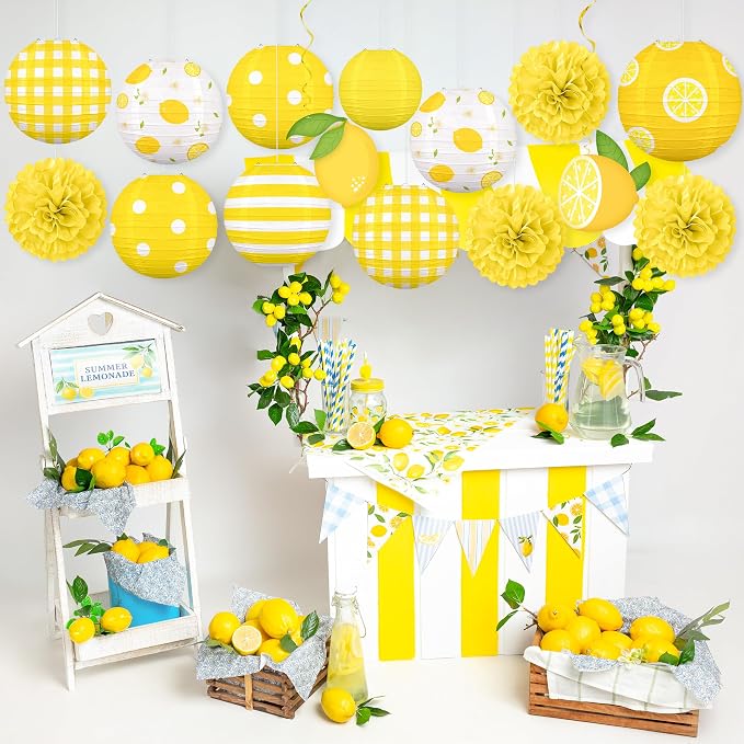 Renbuzhu 15PCS Summer Lemon Party Decorations Paper Lanterns Pom Poms Hanging Swirls Yellow Theme Lemonade Stand Italian Decor for Birthday Home Backyard Indoor Outdoor