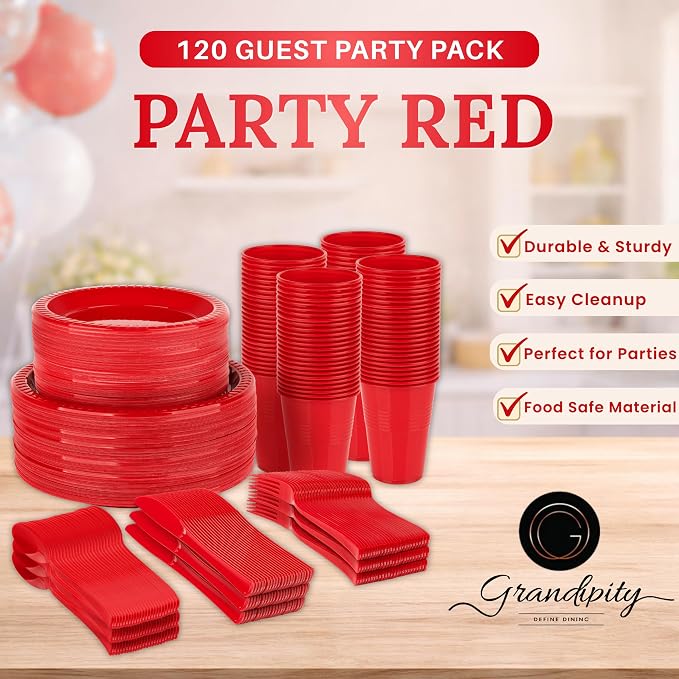 720 Piece Red Disposable Dinnerware Set (120 Guests) Plastic Dinnerware Set Disposable - 120 Count, 9" Dinner Plates, 7" Dessert Plates, 12oz Cups, Forks, Knives & Spoons- Plastic Party Plates Set