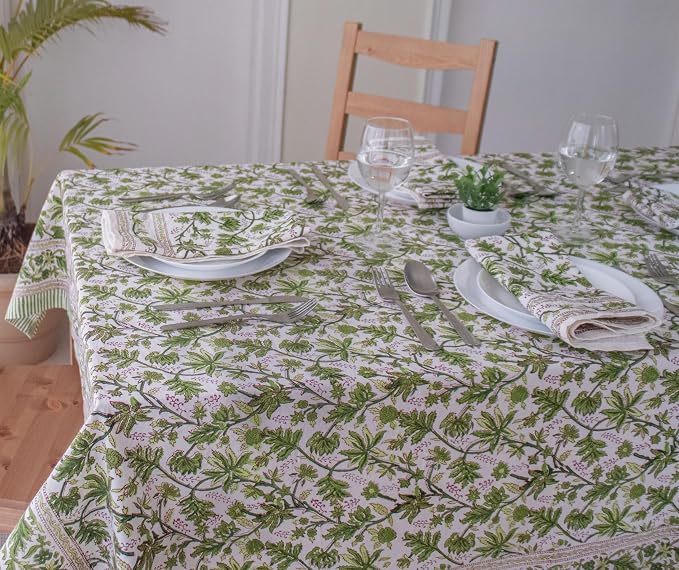 Light Green Block Print Table Cloth- 60x90 Inch Rectangle 100% Cotton Handmade Pre-Shrink, Washable for Spring, Kitchen & Dining Perfect for Chirstmas, Patio, Indoor & Outdoor, Farmhouse