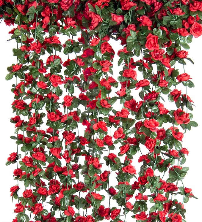 PONKING 8 Pcs x 8.2 ft Flower Garland Artificial Rose Vine Flowers with Green Leaves Hanging Fake Roses Vine for Room Party Home Wedding Birthday Christmas Wall Arch Decor, Spring Red Flower