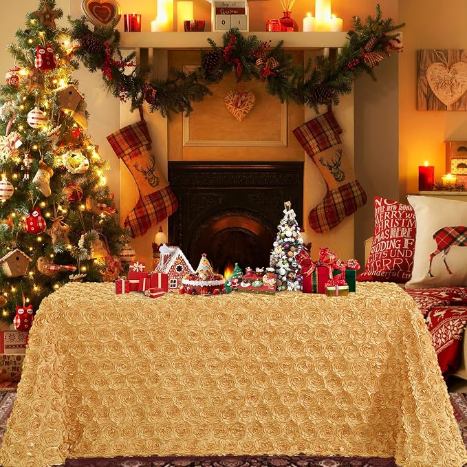 Fanqisi 3D Floral Satin Rectangular Tablecloth 90x132 Inches Gold Rosette Tablecloths for Wedding Party Baby Shower Dinner Table Top Decorations