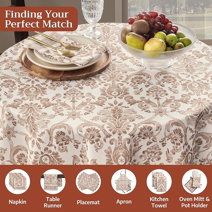 Maison d' Hermine Table Cloth Round Table 100% Cotton 69 Inches Fall Tablecloth Reusable Everyday Use for Thanksgiving Christmas Decorations Dining Farmhouse Party (Allure)