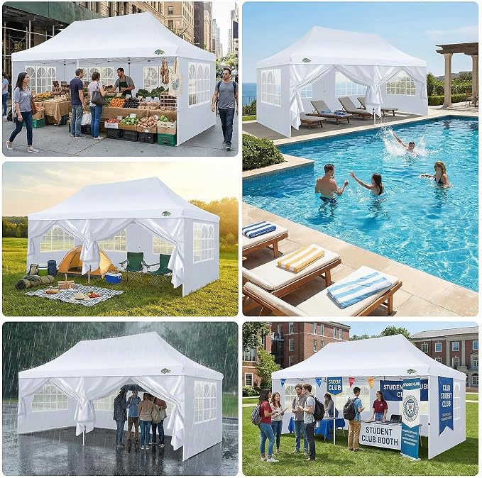 COBIZI 10x20 Pop Up Canopy with 6 Sidewalls - Waterproof Commercial Tent, UV 50+ Protection, Easy Setup Outdoor Gazebo for Parties, Events & Garden with Sandbags, Swan White
