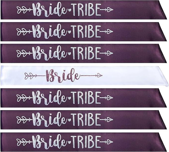 Bride Tribe 7pc or 10pc Satin Sash Set - Sophisticated & Fun Party Favors for Bachelorette Party, Bridal Shower & Wedding Party (Plum & Silver, 7pc Set)