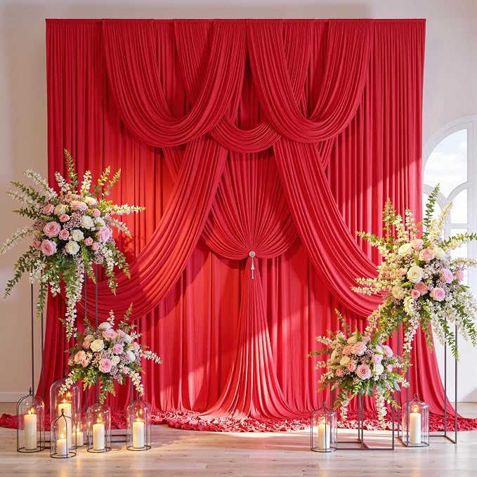 50ft×10ft Wrinkle Free Red Backdrop Curtains for Parties, 10 Panels 5×10ft Thick Silky Polyester Red Photo Backdrop Drapes Curtain for Themed Party Birthday Baby Shower Baptism Wedding Photography