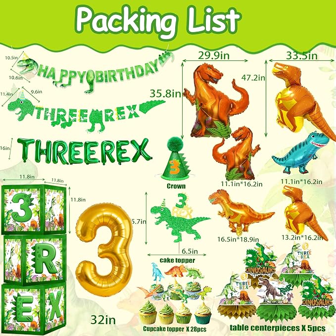 Three Rex Dinosaur 3rd Birthday Decorations For Boys – Dino 3rd Birthday Party Supplies With Banner, Letter Balloons, Backdrop, Tablecloth, Balloon And Boxes,Table Centerpieces For 3 Rex Party