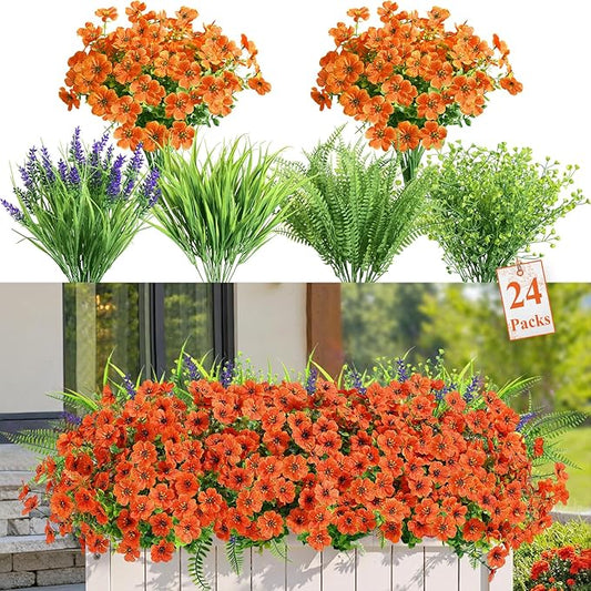Alupssuc 24 Bundles Artificial Flowers for Outdoors Spring Decoration, UV Resistant Eucalyptus Violet and Lavender Silk Fake Plants for Outside Indoor Yard Home Patio Decor, Orange