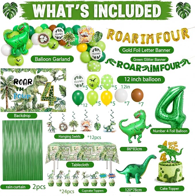 Roar Im Four Dinosaur 4th Birthday Party Decorations, Dinosaur 4th Birthday Party Supplies for Boys Girls, 4 Year Old Dino Theme Party Set with Backdrop, Fringe Curtains, Tablecloth, hanging swirls.