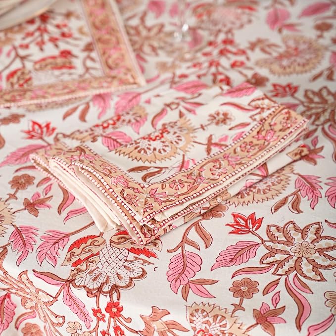 Hand Block Printed Tablecloth, Colorful Floral Print, Indian Artisan Handmade Art, Dining Room, Kitchen, Outdoor Décor, (Pink Meadow Bloom, 8 Seater 72 x 108 Inches Rectangle)