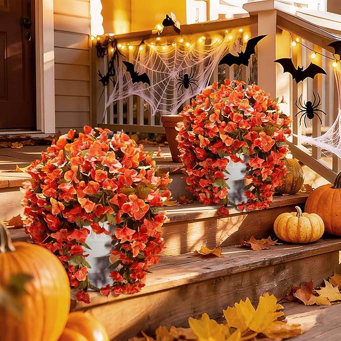 Bougainvillea Artificial Flowers Plants for Outdoors Outside Fall Autumn Decor, 2 pcs Faux Silk Long Trailing Vines UV Resistant Look Real Orange Fake Flowers for Front Door Porch Planter Urn Patio