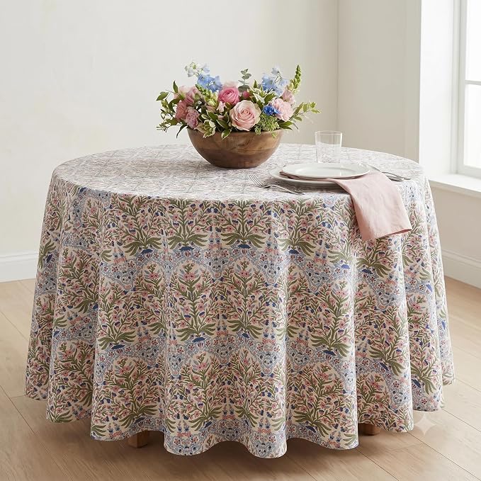 ATOSII Cotton Tablecloth 60" Inches Round Nargis Light Blue