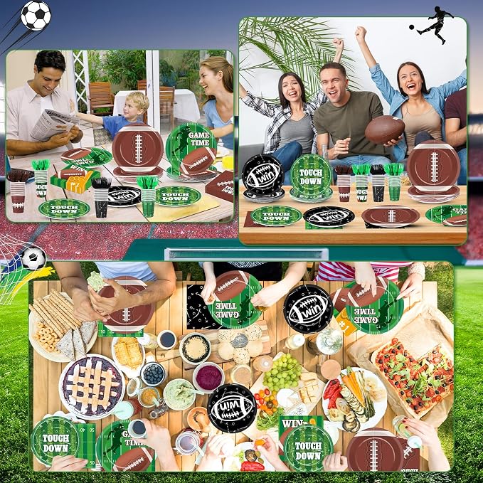 250 Pcs Football Birthday Party Decorations Football Disposable Party Tableware Sets Including Plates Cups Napkins Rugby Sports Games Dinnerware for Sports Birthday Parties Decor Supplies Serves 50