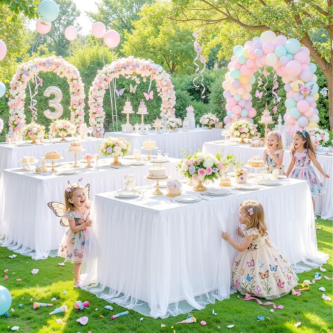 4 Pack White Table Cloth for 8 Foot Rectangle Tables, White Stretch Fitted Tulle Table Covers Skirt, Rectangular Ruffle Tutu Tablecloth Wedding Banquet Baby Shower Cake Tablecloths Decorations