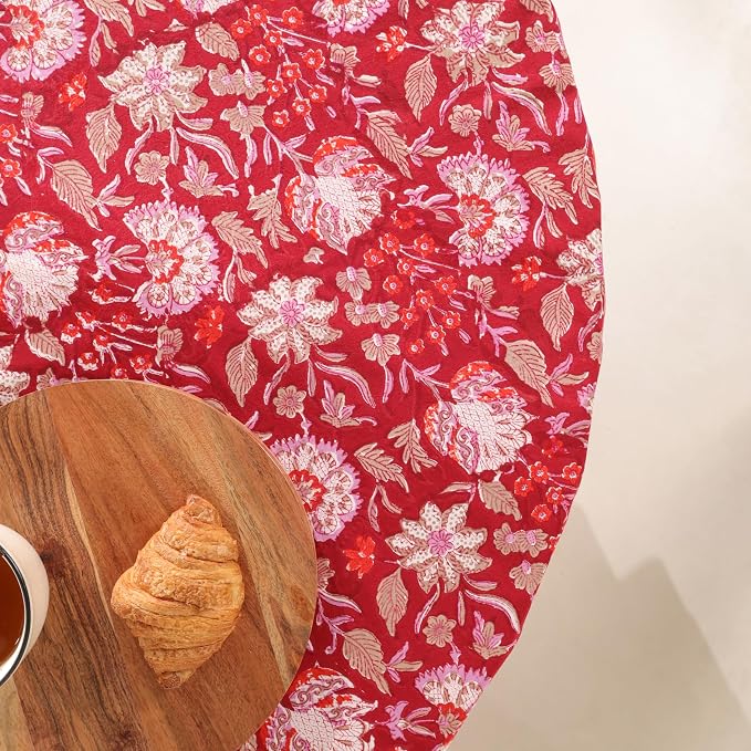 Hand Block Printed Tablecloth – Colorful Floral Print | 100% Cotton | Indian Artisan Handmade Art | Dining Room, Kitchen, Outdoor Décor, (Cherry Red, 8 Seater 90 Inches Round)
