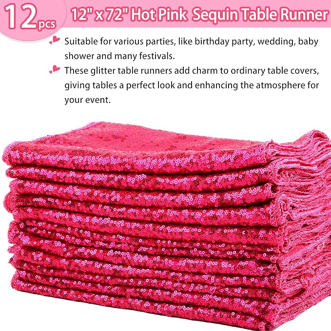 12 Packs 12 X 72 Inch Hot Pink Sequin Table Runner Glitter Dining Table Runner for Birthday Wedding Engagement Bridal Baby Shower Bachelorette Holiday Celebration Party Supplies Decorations (Hot Pink)