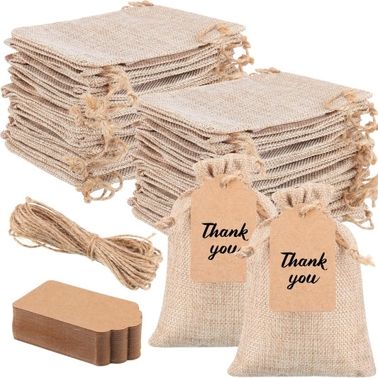 Woanger 100 Pcs Burlap Gift Bags with 100 Pcs Kraft Paper Gift Tags with Drawstring Favor Bulk Burlap Sack Bags for DIY Wedding Party Craft(4 x 6 Inch,Light Brown)