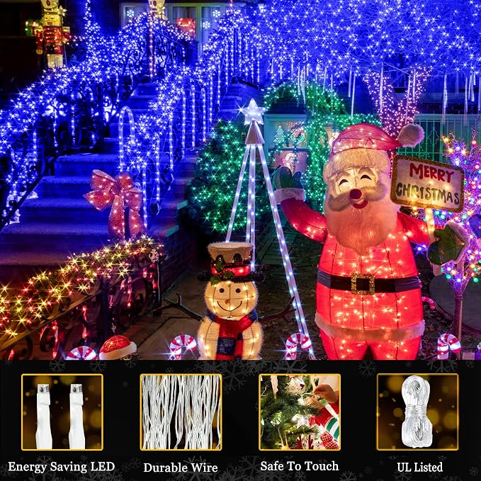 KNONEW 197FT 500 LED Christmas Lights Outdoor String Lights 8 Modes & Memory Fairy Light Plug in Waterproof LED String Lights for Xmas Yard Tree Wedding Party Holiday Decorations (Blue)