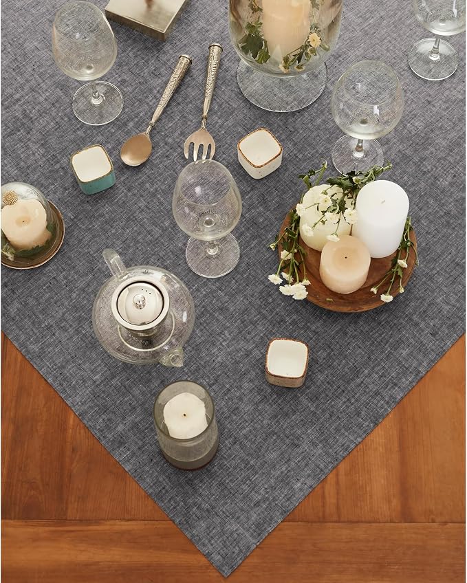 Solino Home Linen Cloth Tablecloth 52 x 52 Inch - 100% Pure Linen Chambray Black Square Tablecloth - Athena, Machine Washable Table Throw