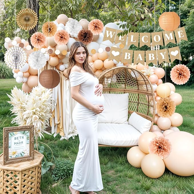 Kriyokiaa Boho Baby Shower Decorations 15 Pcs Gender Neutral Baby Shower Decorations Elegant Earth Tones Paper Pompoms and Lanterns with Welcome Baby Banner for Boy Girl