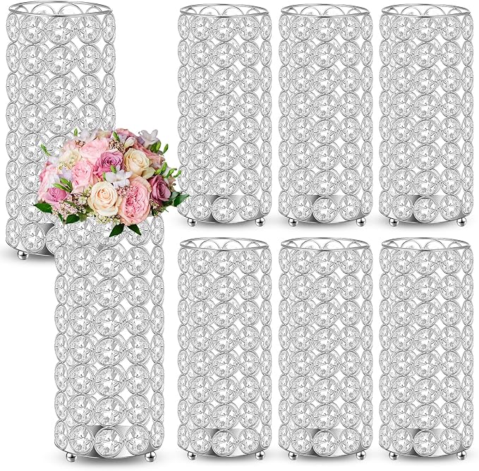 Dandat 8 Pcs Crystal Flower Vase for Wedding Table Centerpieces 7.87 in Crystal Pillar Metal Cylinder Flower Vase Stand for Christmas Wedding Decor Gifts Arrangement Event(Silver)