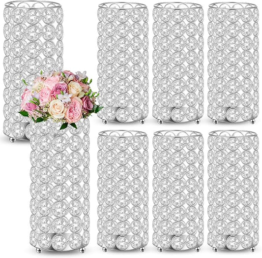 Dandat 8 Pcs Crystal Flower Vase for Wedding Table Centerpieces 7.87 in Crystal Pillar Metal Cylinder Flower Vase Stand for Christmas Wedding Decor Gifts Arrangement Event(Silver)