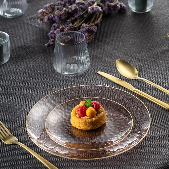 PLASTICPRO 128 Piece Combo Plates Set includes 64-7'' inch Plates & 64-10'' inch Dishes Rose Hammered Plastic PartyPlates Premium heavyweight Elegant, Disposable, Tableware, Dishes,