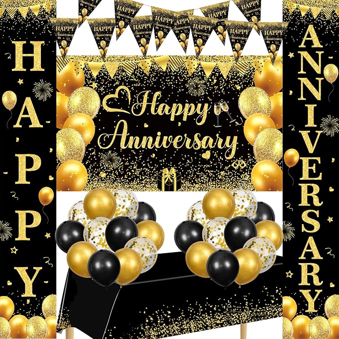 Black and Gold Happy Anniversary Decorations for Men Women, Black Gold Wedding Anniversary Party Decorations Banner, Porch Banner, Triangle Flag, Tablecloth and Balloons Kit Party Supplies