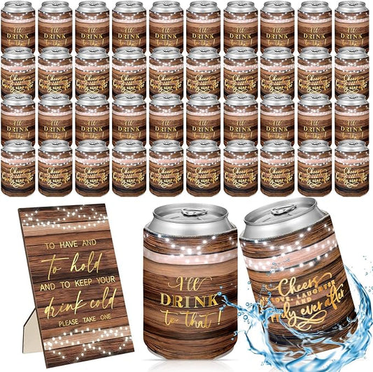 SiliFine 101 Pcs Wood Grain Wedding Can Cooler Bulk Engagement Party Favors for 100 Guests Cheers to Love Laughter, and I'll Drink Can Cooler with Wooden Wedding Table Sign Bridal Shower Favor