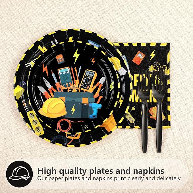 96Pcs Electrician Retirement Graduation Party Decorations Electrician Lineman Plates and Napkins Lineman Tools Decoration for Man Congrats Grad Construction Builder Carpentry Party Supplies Serves 24