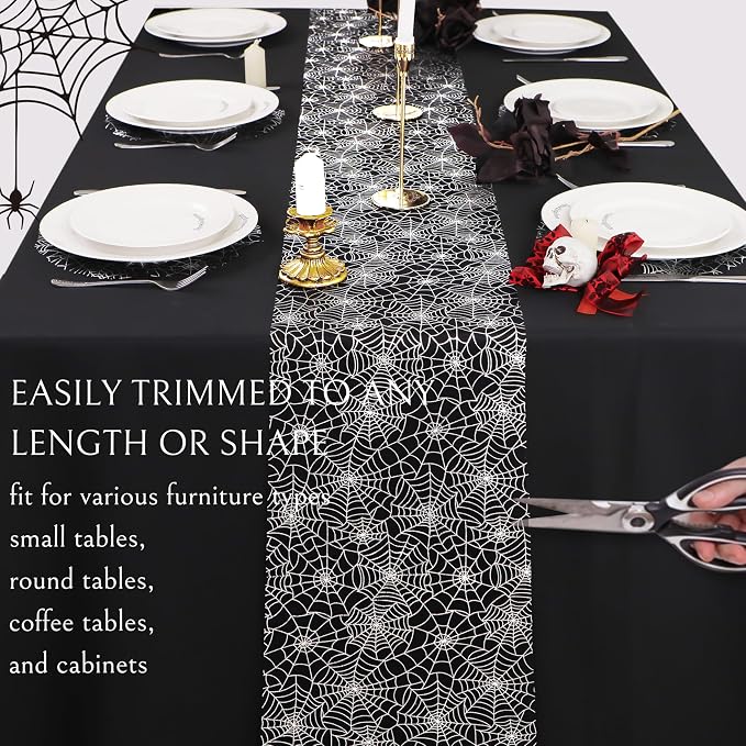 Snowkingdom Halloween Table Runner, Silver Spider Web Metallic Sequin Glitter Sheer Runners Roll 120", Black Table Decorations for Halloween, Wedding, Birthday, Themed Party, Christmas