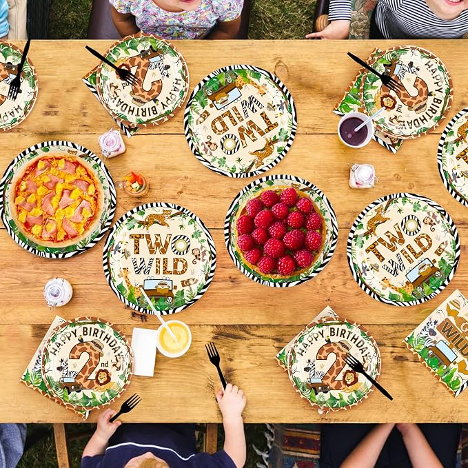 96Pcs Two Wild Birthday Party Decoration Safari Jungle 2 Year Old Birthday Plates and Napkins Mouse Safari Wild Animal Tableware Set for Boys Girls 2nd Birthday Party Supplies, Serves 24
