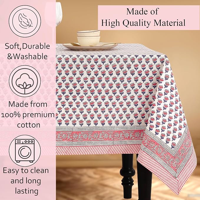 CPC Tablecloth 100% Cotton 72x160 Inch Indian Block Print Rectangle Table Cover, Pink Table Cloth for Weddings, Spring/Summer, Barbeque - Pink Sapphire