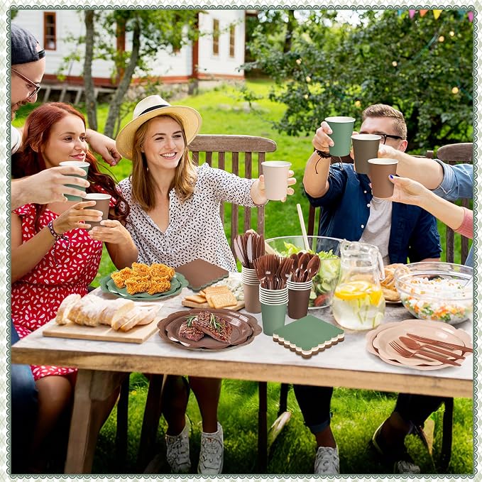 350 Pcs Woodland Baby Shower Party Supplies Set - Sage Green and Brown Paper Plates and Napkins Set Include Scalloped Paper Plate Napkin Cup Spoon Fork Knife for Safari Jungle Baby Shower Decorations