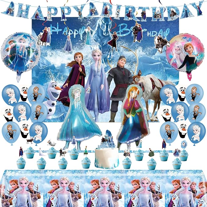 Cartoon Birthday Party Decorations Set with Latex Balloons | Foil Balloons | Happy Birthday Banner | Cake Toppers | Tablecloth | Hanging Swirls | Stickers for Winter Princess Theme Celebration