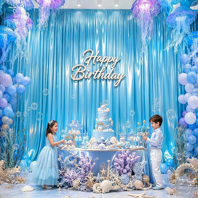30x10ft Sky Blue Glitter Backdrop Curtain for Parties, Wrinkle Free Satin Photo Backdrop Drapes 6 Panels 5x10FT Shimmer Back Drop Cloth for Wedding Birthday Baby Shower Photography Background Decor