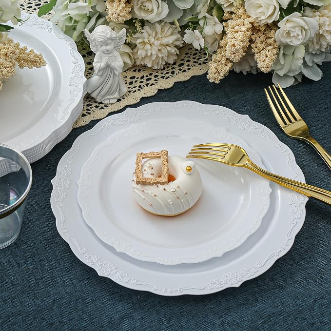 100 Pieces White Plastic Plates - 10.25inch Dinner Disposable Plates - Premium Heavy Duty Hard Disposable Dinner Plates - Party Supplies for Birthdays, Celebrations, Thanksgiving Wedding