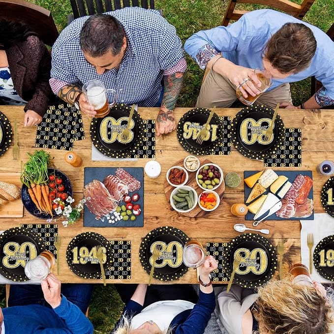200PCS 80th Theme Birthday Party Tableware Vintage 1946 Party Supplies 80 year old Birthday Party Decorations Plates Napkins Forks Black and Gold Dinnerware Favors for Men or Women