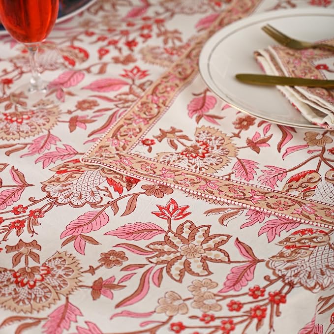Hand Block Printed Tablecloth – Colorful Floral Print | 100% Cotton | Indian Artisan Handmade Art | Dining Room, Kitchen, Outdoor Décor, (Pink Meadow Bloom, 4 Seater 60 Inches Round)