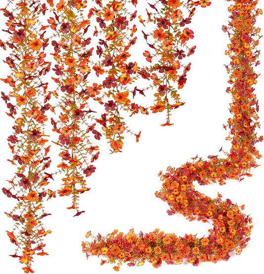 Ammyoo Fall Mums Flowers Artificial Garland for Decoration, 4 Pack 5.9 FT Faux Mums with Eucalyptus Leaves Ivy, UV Resistant Fake Fall Daisy Floral Vine Flowers for Home Garden Wedding Backdrop Decor