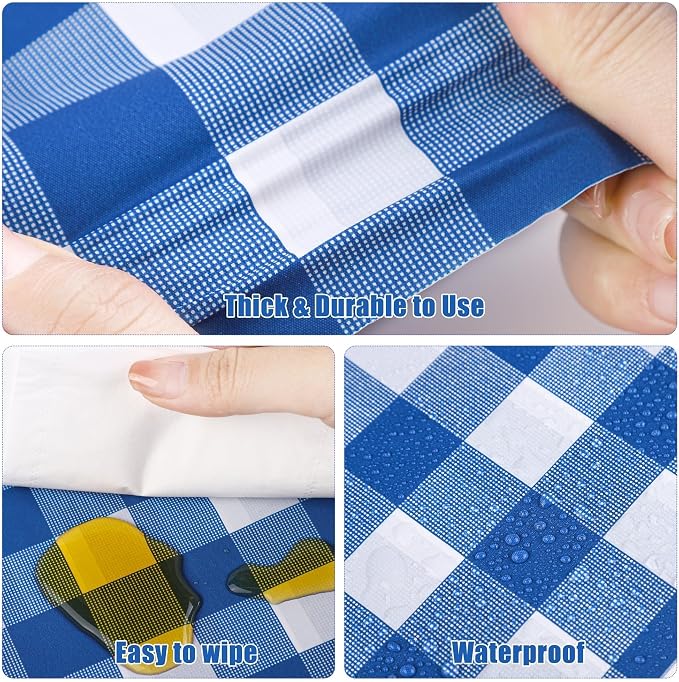Kochorie 54 Inch x 300 Ft Blue Checkered Plastic Table Cloth Roll Disposable Waterproof Table Cover Plastic Table Cover Roll with Easy Slide Cutter for Outdoor Picnic/Home Dining/Spring Party