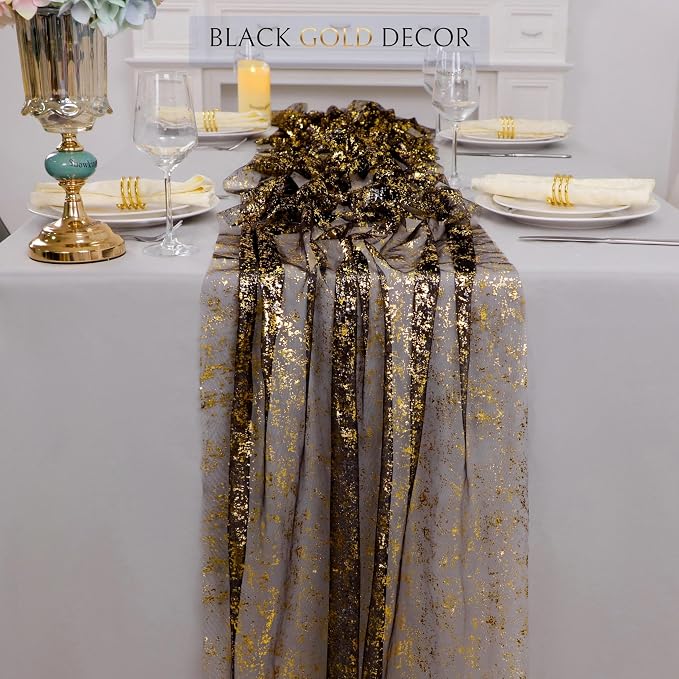 Snowkingdom 3 Pcs Black Gold Gauze Table Runner 10 FT 120 Inch, Sparkle Sheer Glitter Metallic Foil Tulle Mesh Cheesecloth Golden Table Centerpieces Decoration for Party Wedding Anniversary