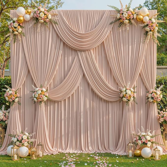 10ftx12ft Wrinkle Free Nude Backdrop Curtain, 4 Panels 12FT Long Wedding Photo Backdrop Drapes, Silky Polyester Back Drop Cloth for Birthday Photography Background Party Backdrop Draping