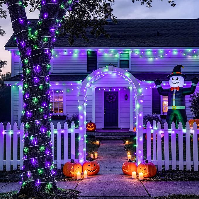 JMEXSUSS 33FT 100 LED Battery Operated Halloween Lights with Remote, Purple and Green Halloween Lights Indoor Outdoor, 8 Modes String Lights for Outside Yard Tree Front Porch Room House