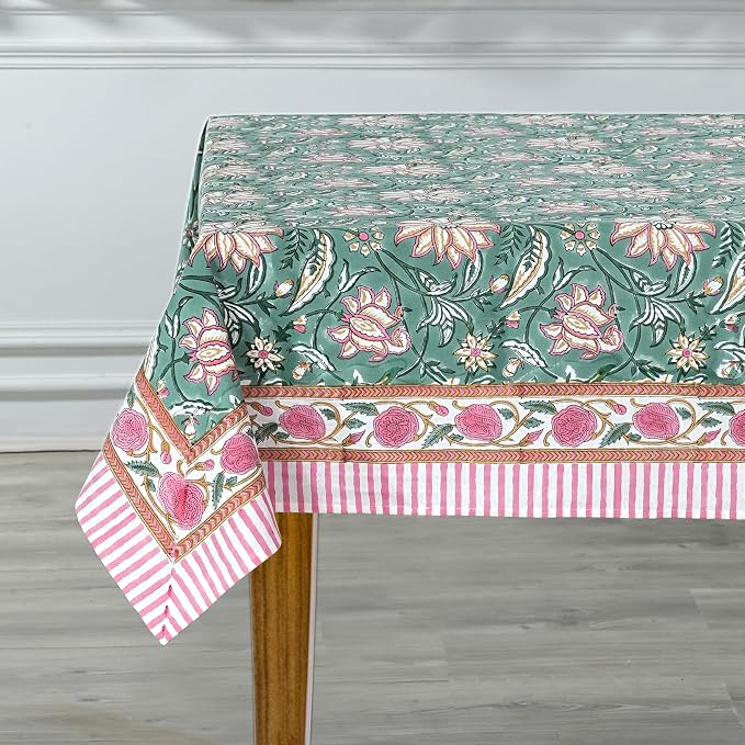 Ridhi Viridian Green Hand Block Print Cotton Rectangle Tablecloth 108" x 70" inches Reusable Table Cover Decorative Everyday Use for Dining Room, Farmhouse, Home Gift for Spring, Mother's Day