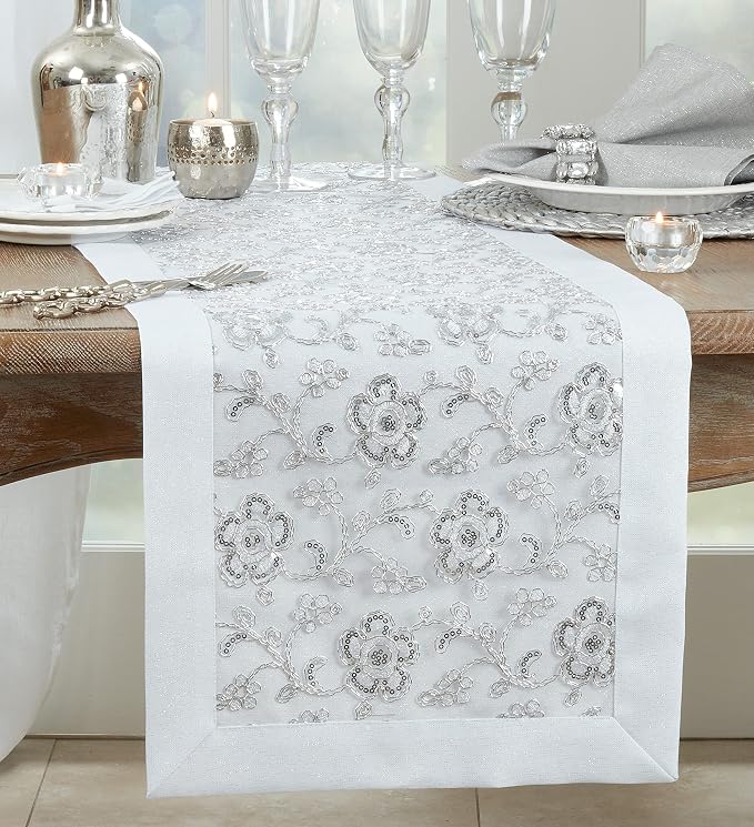 SARO LIFESTYLE Floral Embroidered Table Runner, White, 16"x120"